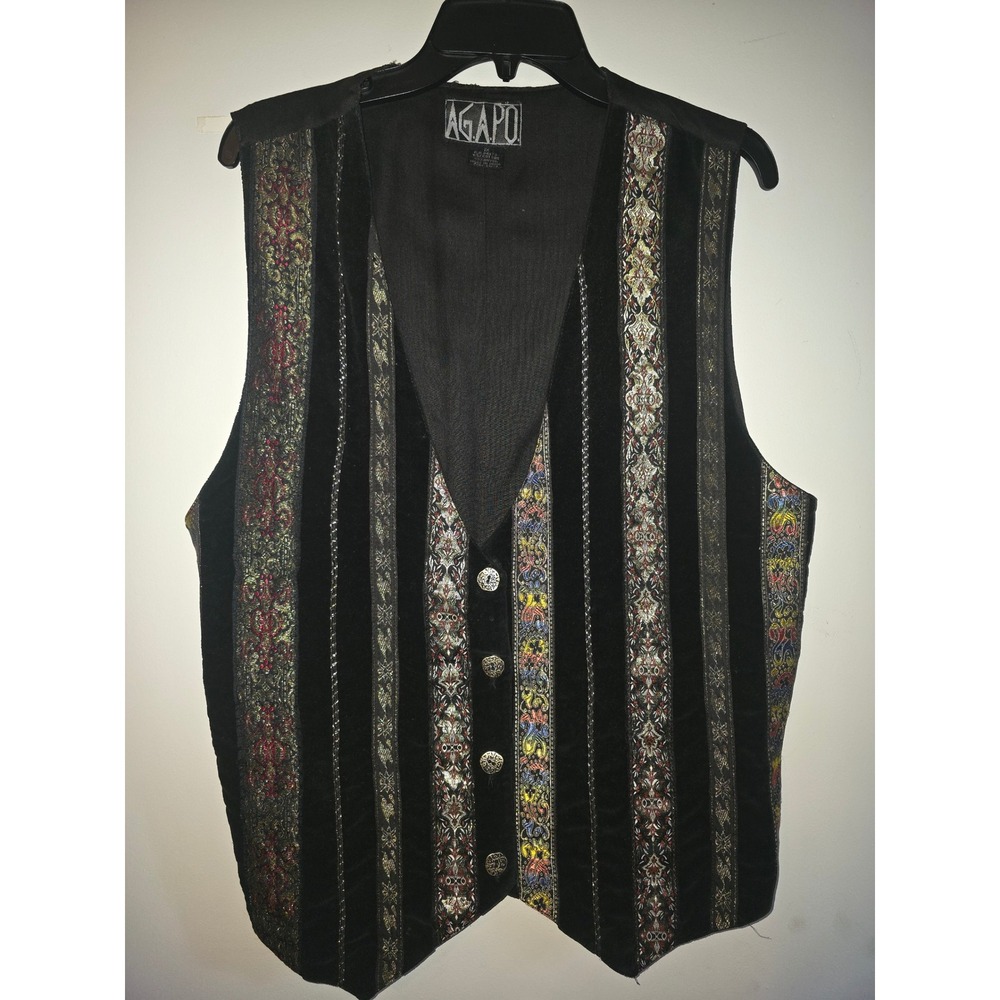 Vintage Agapo 90s Black Velvet Brocade Tapestry Vest Women 1X Metallic Boho